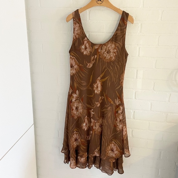 Y2K Midi dress whimsical Wood fairy Floral Chiffon Flowy Ruffled Brown Sz 12 - Picture 11 of 14